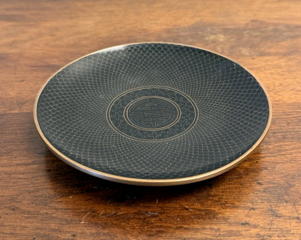 Vintage Chinese Brass Enamel Footed Dish Black Gold Shou Longevity 6.125"